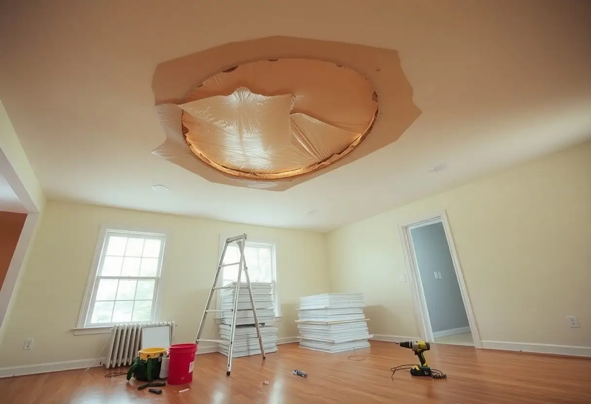 Room under renovation with a circular ceiling opening exposing insulation, a ladder, and stacks of drywall sheets scattered around the floor.