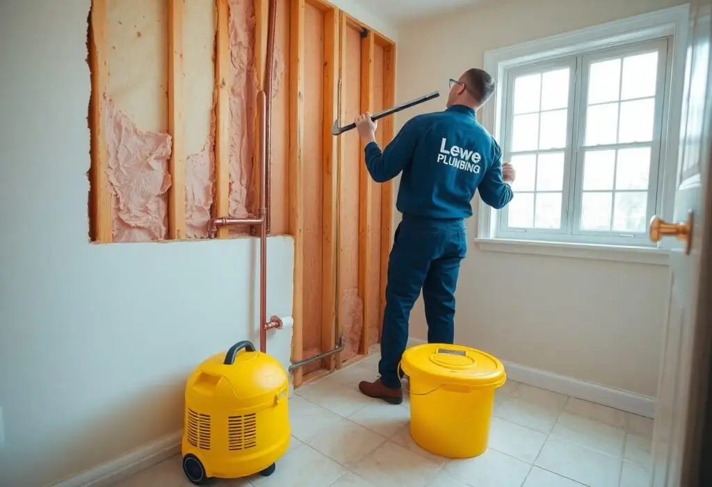Plumber in Lewe Plumbing uniform removing wall studs beside a window; yellow vacuum and bucket on the floor.