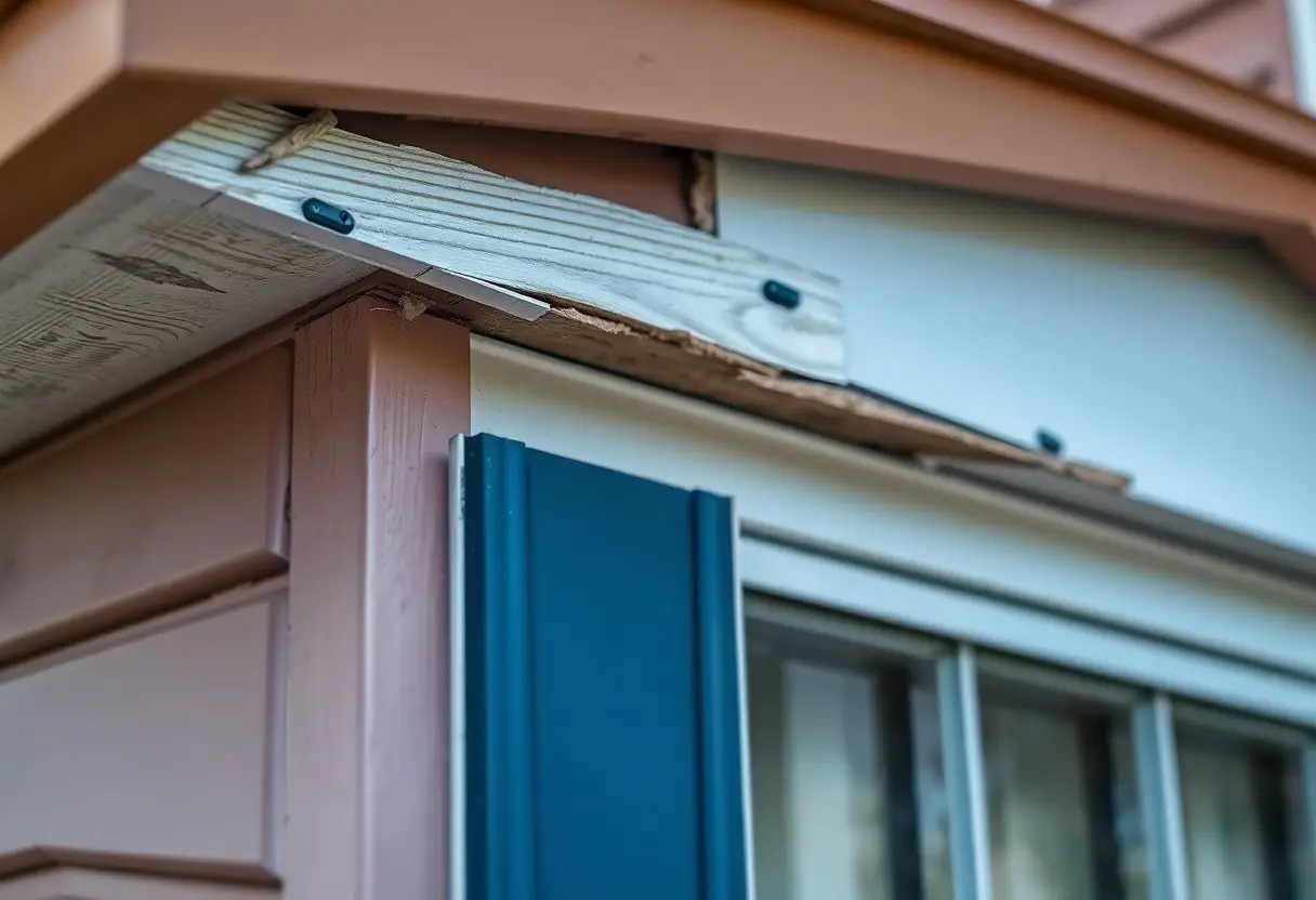 Close-up of a weathered wooden beam and damaged trim above a teal window shutter on a house.