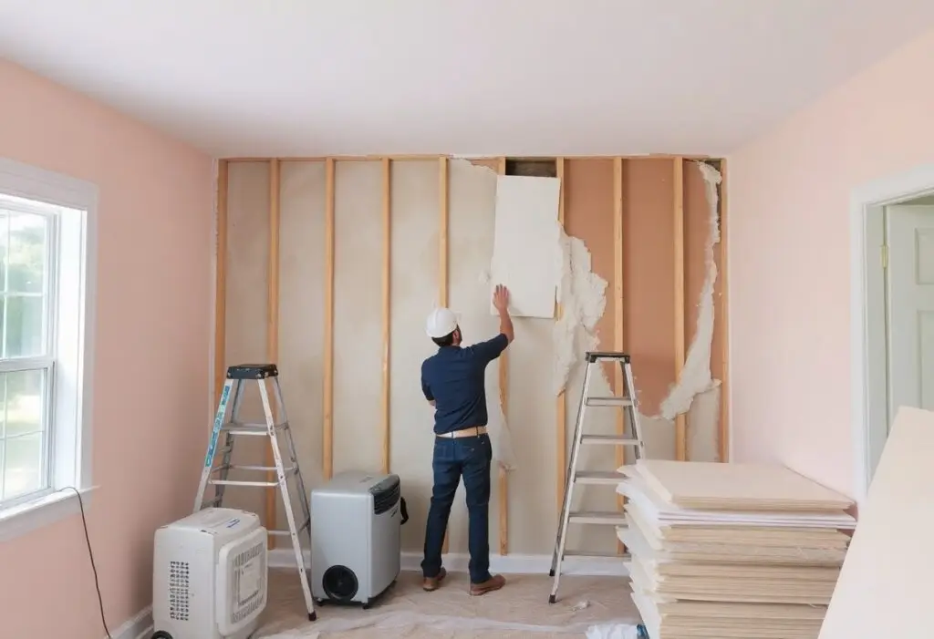 Renovation scene: worker in hard hat removes drywall from a pink-walled room, exposing wooden studs and exposed wall with debris nearby.