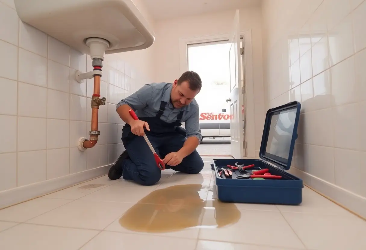 Plumber kneeling on tiled bathroom floor, repairing a leak under the sink with a red-handled tool; open toolbox beside him and a water puddle on the floor.
