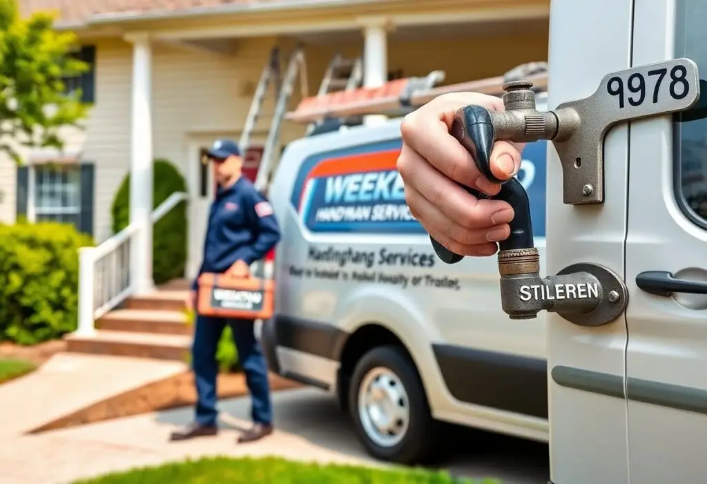 Close-up of a technician turning a valve on a service van, with a house and ladder in the background.