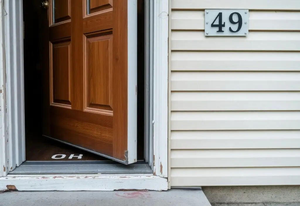 Open wooden front door at a house with beige siding and the number 49 on a plaque above.