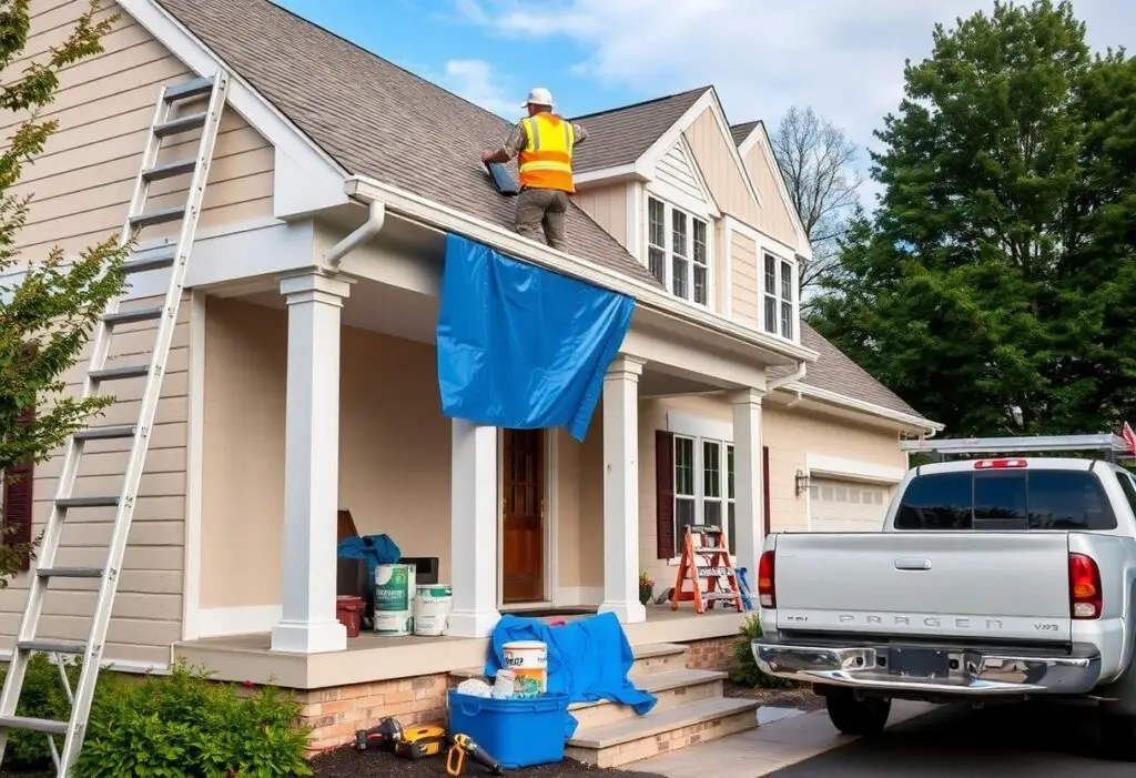Construction worker in a safety vest on the pitched roof of a suburban house, a blue tarp hanging from the eave, ladder resting against the side, and tools on the porch.