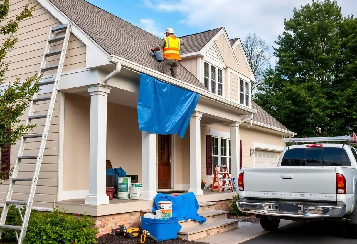 Construction worker in a safety vest on the pitched roof of a suburban house, a blue tarp hanging from the eave, ladder resting against the side, and tools on the porch.