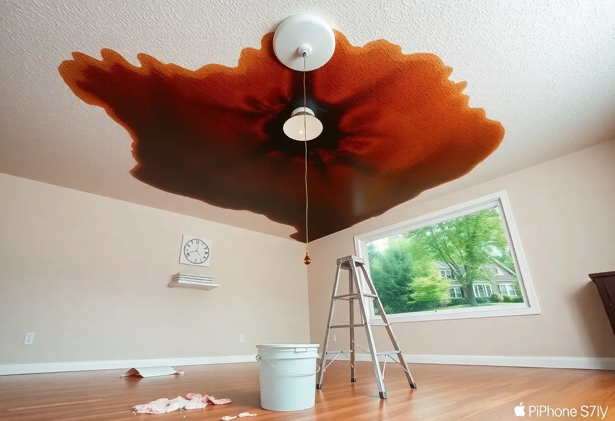 Beige living room with a large dark brown ceiling stain radiating from a ceiling light, a metal ladder, and a white bucket on the wooden floor, plus a window showing a green yard outside.