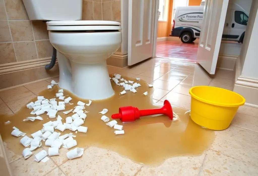 A toilet leaking brown liquid onto the tiled bathroom floor, with scattered white paper bits, a red plunger, and a yellow bucket nearby.