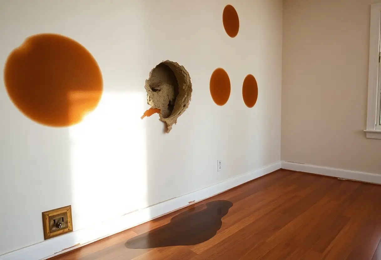 White wall with a large orange circular stain, three smaller orange circles, a hole exposing rough plaster, and a dark puddle on the wood floor beneath.