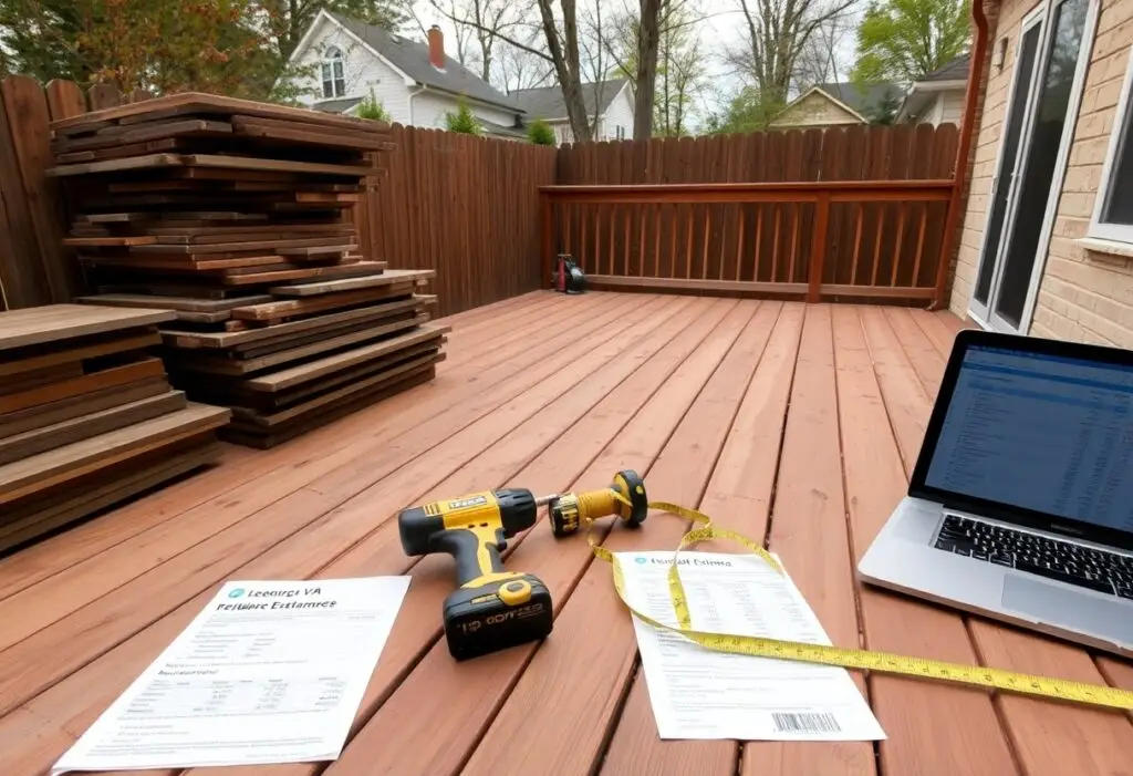 Backyard deck workspace with a drill, tape measure, documents, and a laptop on the wooden deck near a stack of lumber.