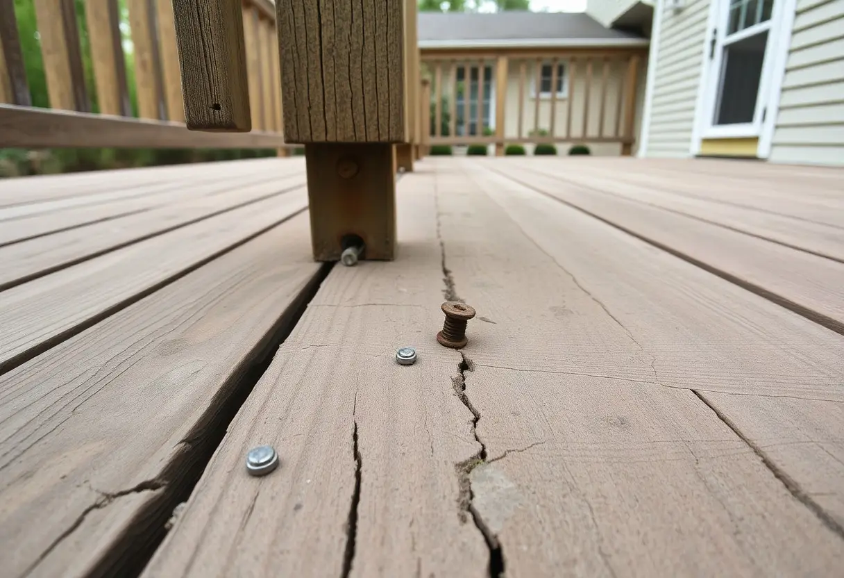 Close-up of a split, cracked wooden deck board with a rusty bolt and several screws scattered nearby, next to a railing post.