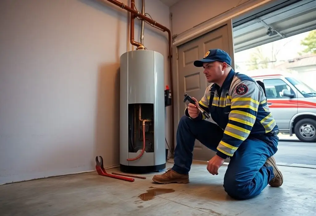 HVAC/plumber technician kneels by a water heater in a utility room, holding a wrench and inspecting copper pipes for leaks.",