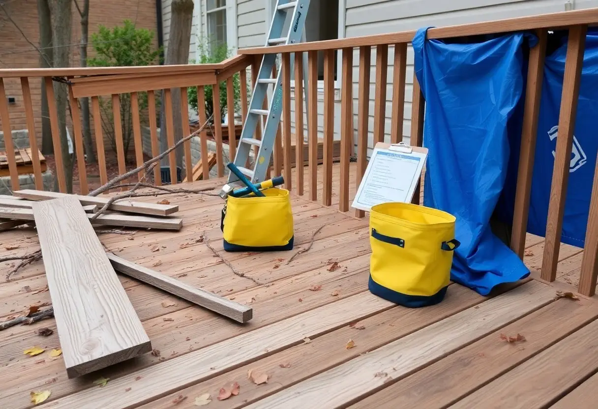 Construction scene on a wooden deck with yellow tool bags, a ladder, and scattered lumber.