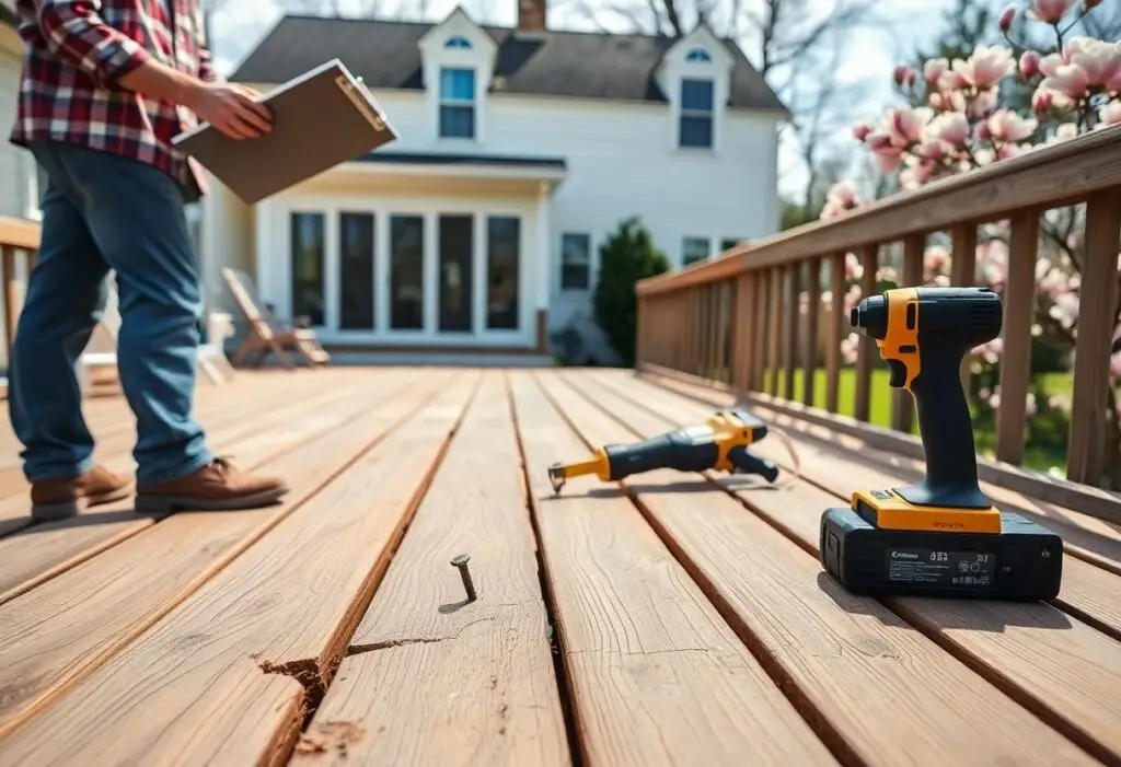 Worker with clipboard on a wooden deck, with a cordless drill and a nail on the boards, a house in the background—home improvement scene.