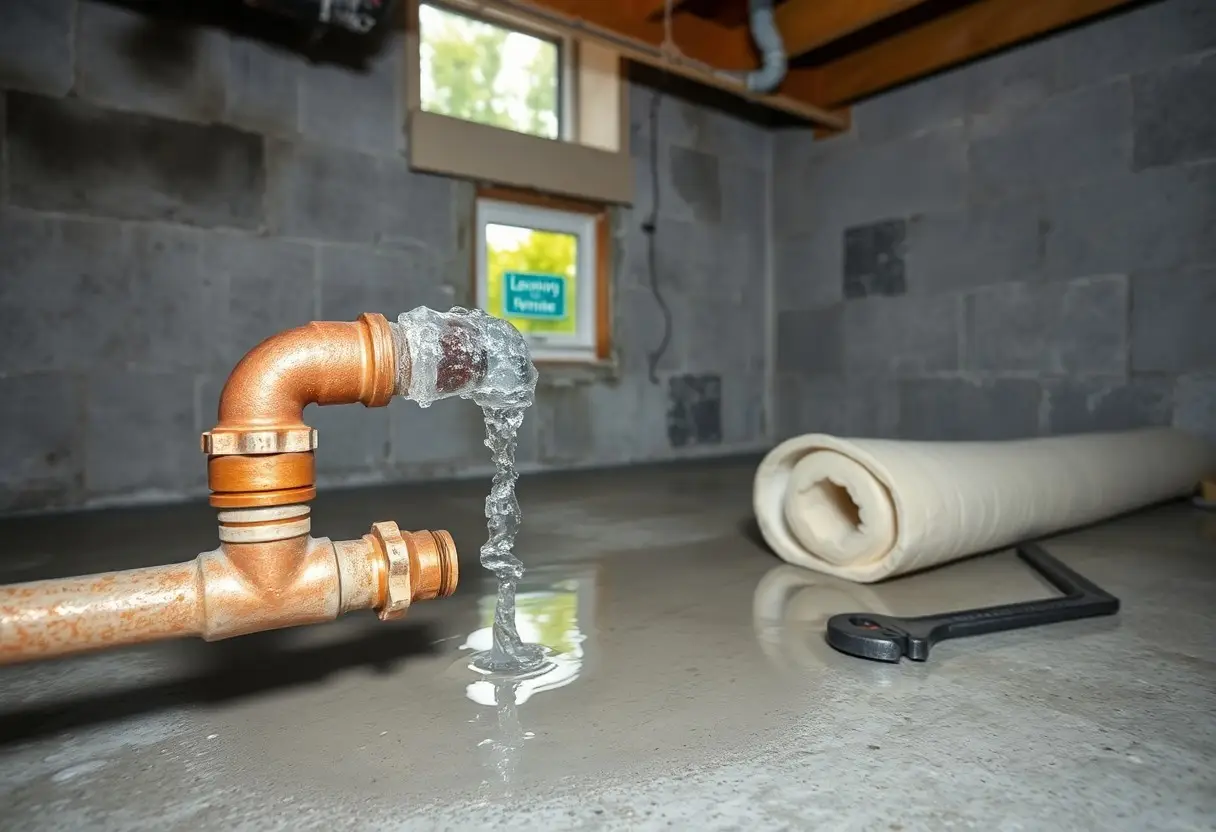 Copper elbow leaking water onto the concrete basement floor, with a roll of insulation and a wrench nearby.