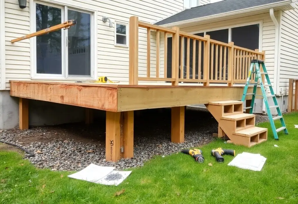 Unfinished wooden deck attached to house with stairs, railing, and support posts under construction in a yard.