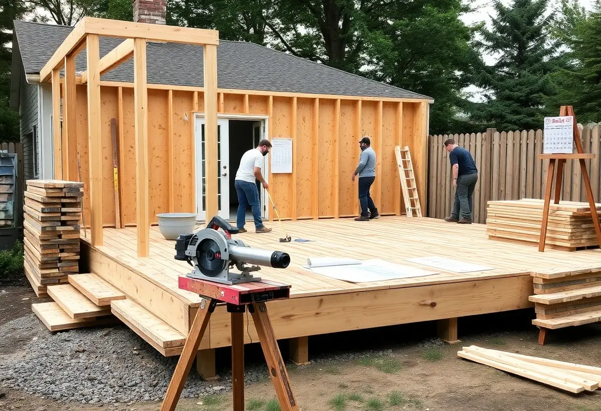 A backyard shed-frame under construction: vertical studs, a wooden deck, and three workers on site.