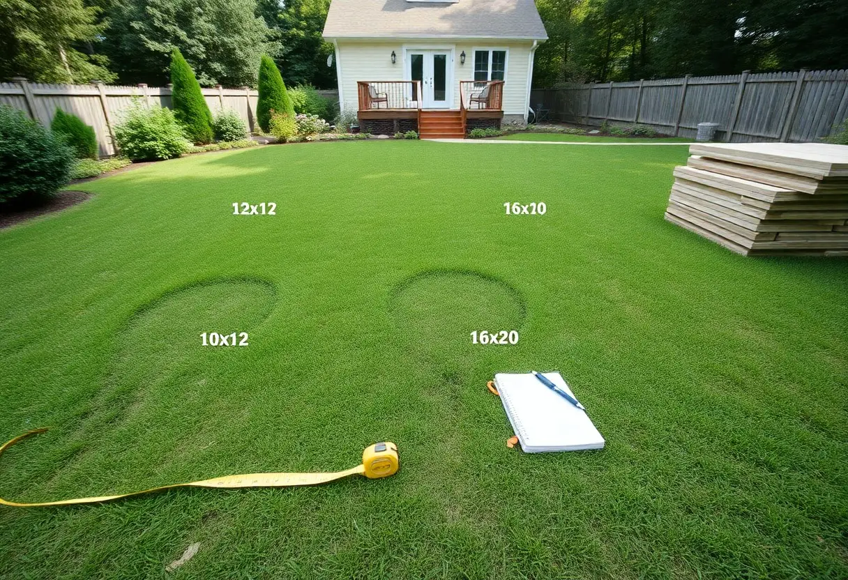 Backyard with four labeled lawn sections (12x12, 16x20, 10x12, 16x20), a house with a deck in the background, and a lumber pile to the right; a tape measure and clipboard on the grass.