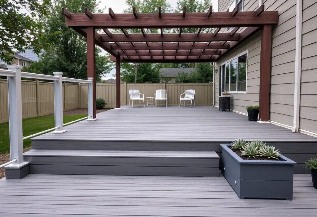 Backyard deck with a wooden pergola, gray composite stairs, and a seating area with white chairs and a small table against a beige fence.