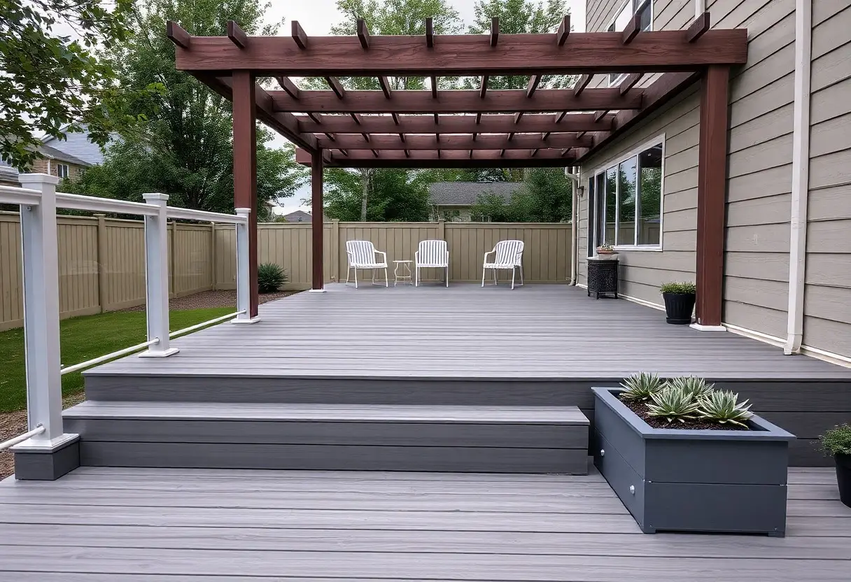 Backyard deck with a wooden pergola, gray composite stairs, and a seating area with white chairs and a small table against a beige fence.