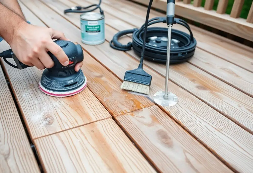 Person uses an electric orbital sander on a wooden deck, with a can of wood stain, a brush, and a pole tool nearby